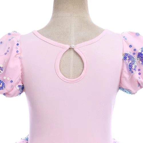 Miniatura 5 de Leotardos de ballet para niñas, 4 colores, mariposa, lentejuelas brillantes, vestido tutú de baile, manga abombada, ojo de cerradura en la espalda