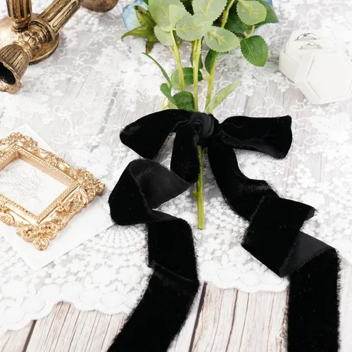 Miniatura 3 de Cinta de terciopelo negro de 1.5 pulgadas, cinta de terciopelo de seda deshilachada negra, terciopelo rústico de Navidad para regalo, borde crudo