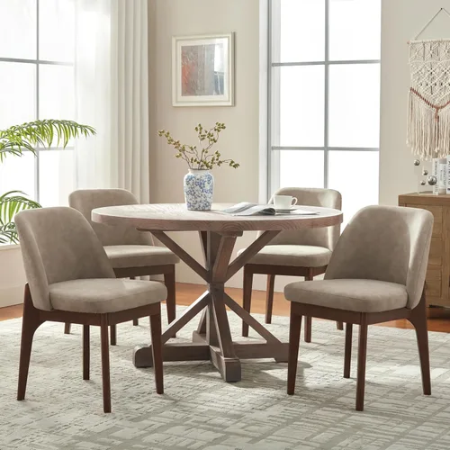 Miniatura 23 de VKNOW Juego de 2 sillas de comedor modernas, sillas de cocina de piel sintética con patas de madera, sillas laterales tapizadas para cocina, Beige