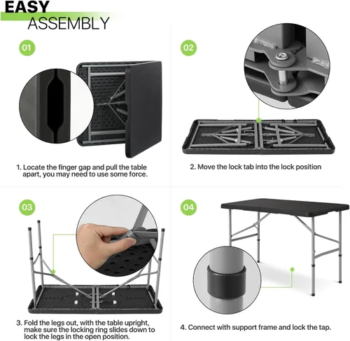 Miniatura 10 de Magshion Mesa plegable de plástico de 4 pies, mesa de comedor portátil plegable para interiores y exteriores con asa, ideal para picnic y Negro