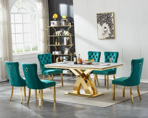 Miniatura 30 de Henf Juego de mesa de comedor de mármol sintético de 68 pulgadas para 6, juego de mesa de comedor de 7 piezas con 6 sillas copetudas de terciopelo