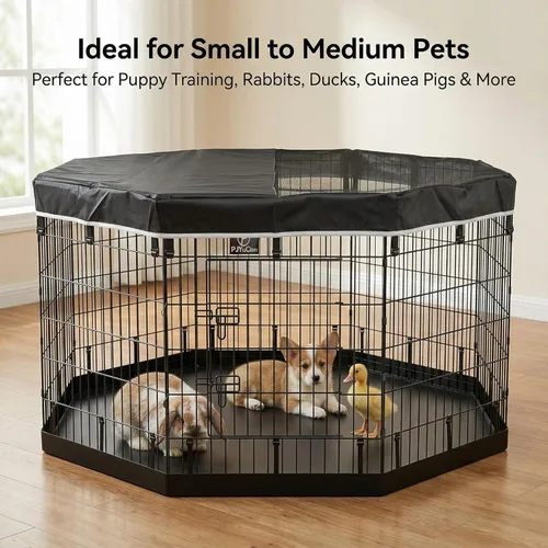 Miniatura 7 de PJYuCien Corralito octogonal para perros con cubierta superior y almohadilla inferior, bolígrafo de ejercicio plegable de metal, 8 paneles de 36