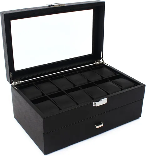 Miniatura 3 de Caja organizadora de reloj para hombres, 24 ranuras lujosa y masculina caja de exhibición texturizada de fibra de carbono - Parte superior de vidrio