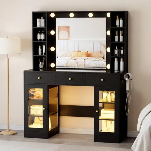 Miniatura 21 de Thacuok Tocador de maquillaje negro con espejo y luces, tocador de 34 pulgadas de ancho con estación de carga y gabinete de vidrio RGB, pequeño