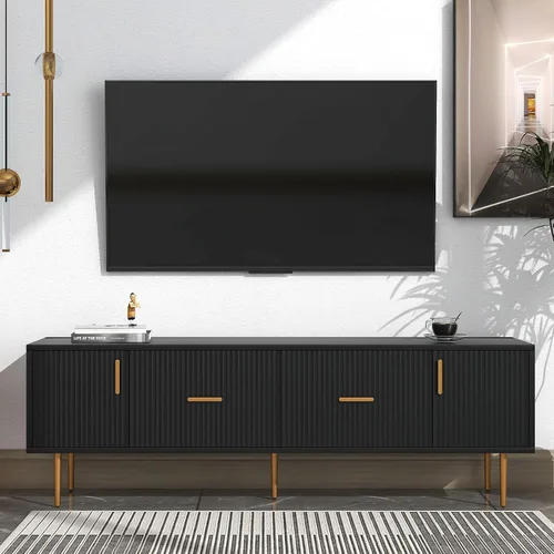 Miniatura 15 de Soporte de TV versátil de alto brillo con luces LED que cambian de color y 2 estantes de vidrio templado, centro de entretenimiento para televisores