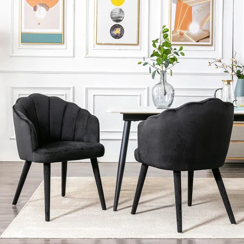 Miniatura 3 de Juego de 2 sillas de comedor de terciopelo negro modernas, sillas laterales de tapicería con patas de madera tapizadas para el hogar, cocina, sala