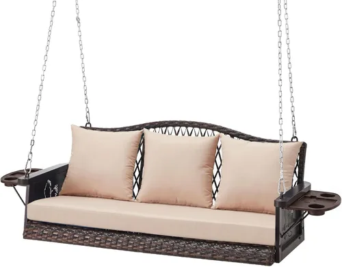 Miniatura 8 de ZZW Columpio colgante de mimbre mejorado para porche, resistente de 900 libras, 3 asientos, para patio, para adultos, con cadenas colgantes de 8.9