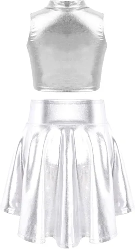 Miniatura 2 de FEESHOW Camiseta sin mangas metálica con lentejuelas para niñas y niños, con falda plisada, vestido de ballet para baile de jazz, hip hop, disfraces