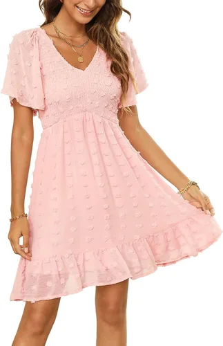 Annebouti Vestido corto de verano para mujer, manga corta, cuello en V, volantes, floral, lunares suizos, fruncido