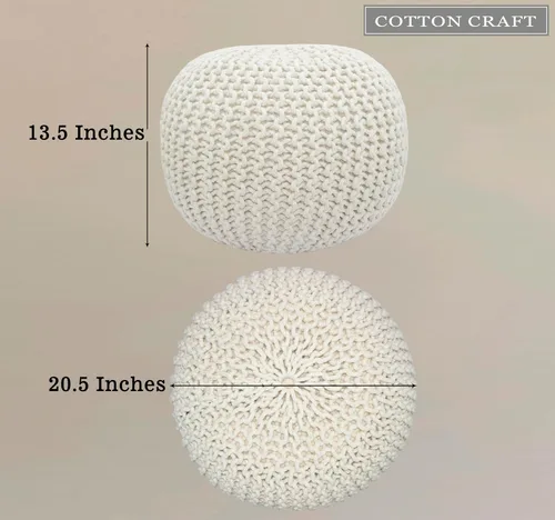 Miniatura 3 de Puf Cotton Craft tejido a mano con estilo de cable Dori Pouf, otomano para el piso, 100 % algodón trenzado, hecho y cosido a mano, un asiento único