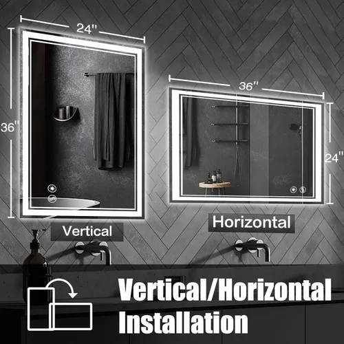 Miniatura 6 de Paquete de 2 espejos de baño de 24 x 36 pulgadas con luces LED regulables de 3 colores, espejo LED sin niebla para tocador de baño, espejo con luces