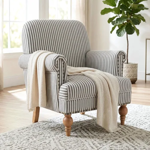 Silla decorativa de tela de lino a rayas negras, sillón tapizado moderno de granja con ribete de cabeza de clavo y patas de madera torneadas de