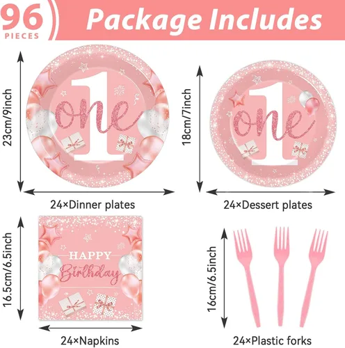 Miniatura 2 de 96 piezas de suministros de primera fiesta para niña, platos de papel rosa de un año, decoración de primer cumpleaños, color rosa, desechable, juego