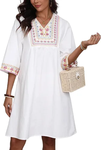 Miniatura 3 de Higustar Mini vestidos de verano de algodón blanco para mujer, estilo mexicano, estilo bohemio, vestido tipo babydoll para mujer