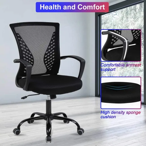 Miniatura 4 de Silla de oficina, silla de escritorio, silla de computadora, ergonómica de malla con respaldo medio con soporte lumbar y reposabrazos, silla Negro