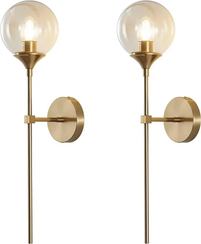 KCO Mid-Century - Juego de 2 apliques de pared modernos con globo de vidrio ámbar con brazo largo, lámparas de pared industriales doradas para