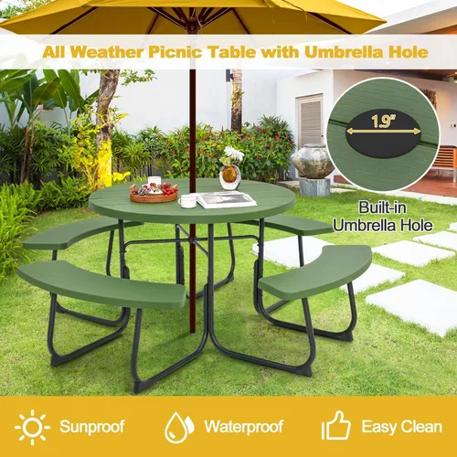 Miniatura 4 de Mesa de picnic Tangkula para 8 personas, mesa redonda para exteriores con 4 bancos incorporados, agujero para sombrilla, marco de metal y superficie
