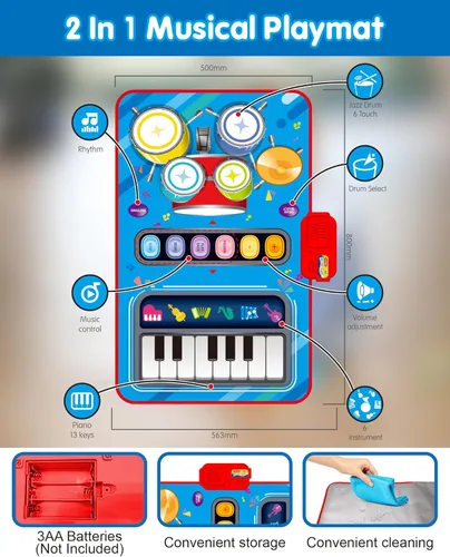 Miniatura 4 de Juguetes para niños de 1 año, tapete musical para bebé con piano y tambor, volumen ajustable, juguetes para niños de 12 a 18 meses, regalos