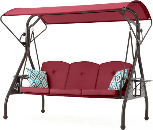 Miniatura 8 de ZZW 800LBS - Columpio de patio con toldo, 3 asientos, columpio para porche al aire libre con soporte, portavasos y almohada, silla columpio