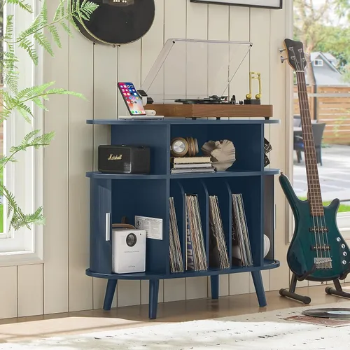 Miniatura 4 de LELELINKY Large Round Record Player Stand with Charging Station & Fluted Display Shelf, Blue Mid Century Modern Turntable Cabinet with Vinyl