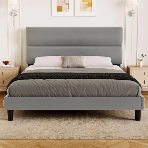 GRUSIGN Base de cama de plataforma tamaño Queen con cabecera de terciopelo, soporte de listones de madera de altura ajustable, base de colchón Gris