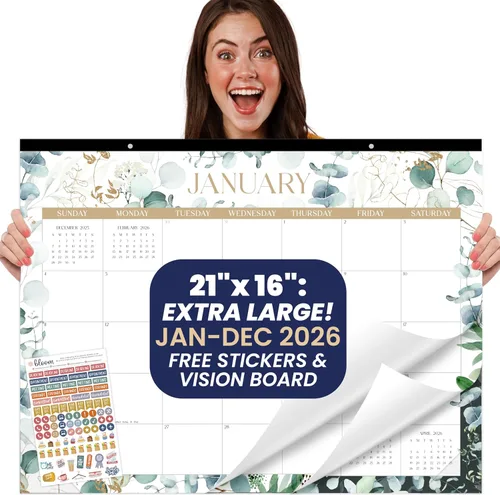 bloom daily planners Calendario de Escritorio GRANDE 2026 - Calendario de Pared XL de enero a diciembre - 21" x 16" Planificador Mensual de Greenery