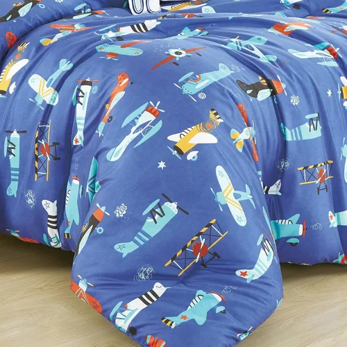 Miniatura 5 de Juego de edredón con estampado de aviones azules para niños, niñas y adolescentes. Ropa de cama tamaño individual para habitación de niños. Incluye