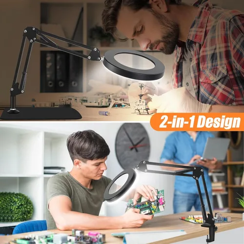 Miniatura 5 de Lupa de 10 veces con luz y soporte, regulador de intensidad ajustable con brazo oscilante 2 en 1, lámpara de escritorio y abrazadera, lupa