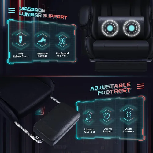 Miniatura 5 de JUMMICO Silla ergonómica para videojuegos con reposapiés y soporte lumbar de masaje, silla de videojuegos de altura ajustable con asiento giratorio