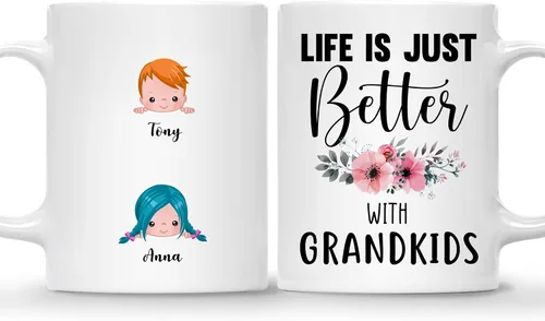 Miniatura 11 de Gossby Taza personalizada Life is Better With GrandKIDS (1 niño), taza personalizada de regalo para abuelos con avatares de nietos, nombres, 11
