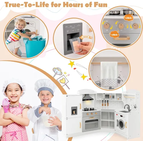 Miniatura 7 de Costzon Juego de cocina esquinera para niños, cocina de madera con sonidos y luces, lavadora, campana extractora, máquina de hielo, microondas