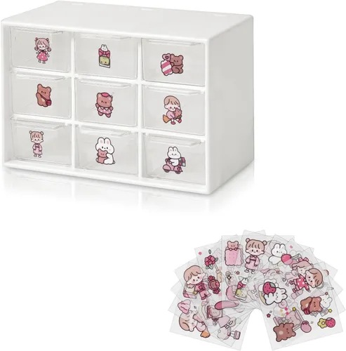 Mini organizador de almacenamiento de plástico y bonitas calcomanías, mini organizador de cajones con 9 fundas de manualidades, organizador de