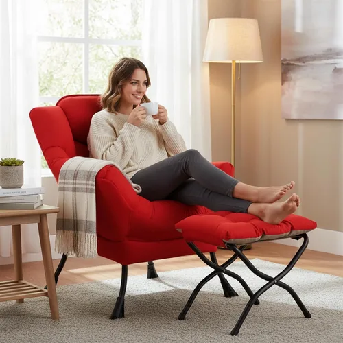 Miniatura 8 de Welnow - Silla perezosa con otomana, moderna silla de descanso con reposabrazos y bolsillo lateral, juego de sillón tapizado de ocio, sillón de Rojo