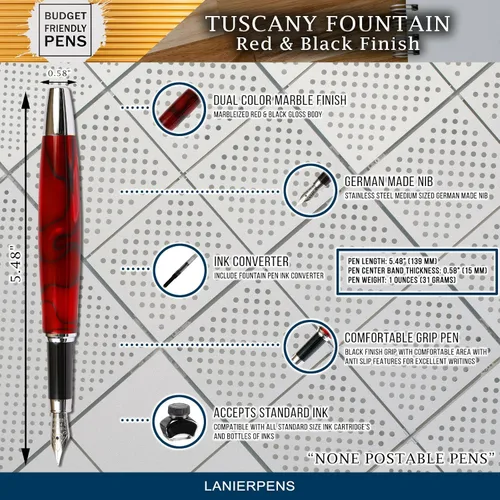 Miniatura 5 de Pluma estilográfica Toscana roja y negra, cuerpo brillante marmoleado Rojo & negro