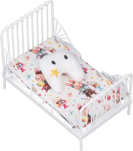 Casa de muñecas a escala 1:12, mini juego de cama de muebles, almohada decorativa con marco de metal, cama en miniatura realista, muebles blancos,