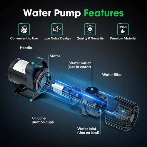Miniatura 4 de VIVOSUN - Bomba de agua sumergible de 2700 GPH con bolsa de barrera, bomba de estanque de 120W, bomba de acuario ultra silenciosa con 15 pies