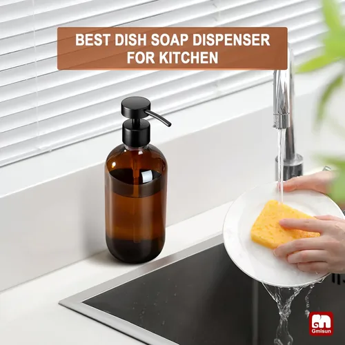 Miniatura 6 de Dispensador de jabón de vidrio ámbar GMISUN, 1 paquete de dispensadores de jabón para platos para cocina con bomba de acero inoxidable a prueba