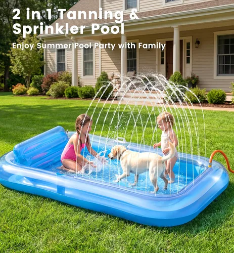 Miniatura 2 de Inflatable Tanning Pool Lounger Float with Sprinkler, 77" x 48" XL Tanning Pool for Adults with Pillow & Cup Holder, 6 in 1 Suntan Tub Sunbathing