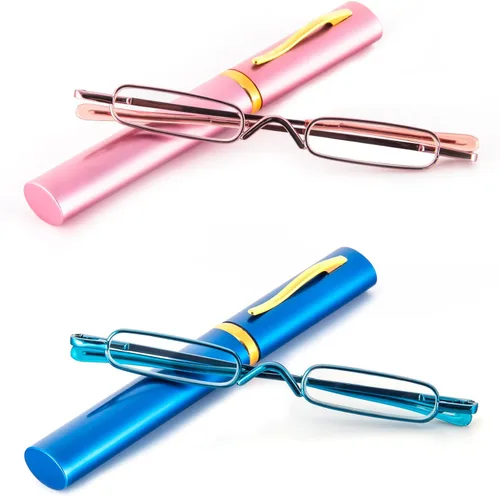 DXYXYO Mini Gafas de Lectura para Hombre y Mujer, Compactas, Pequeñas, de Bolsillo, de Metal, con Estuche Portátil Rosa y azul