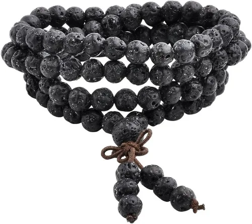 Miniatura 6 de Jovivi Pulsera de 6 mm y 8 mm con cuentas de piedra de lava natural, 108 cuentas de oración budista tibetana, collar y pulsera mala