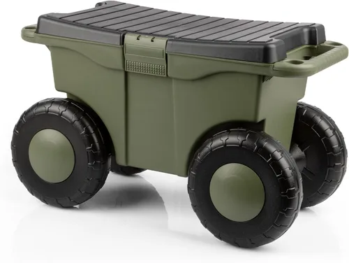Miniatura 13 de Pure Garden - Carrito de jardín rodante con asiento, almacenamiento de plástico con banco y bandeja interior de herramientas, taburete de jardinería