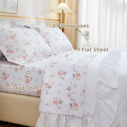 Miniatura 3 de QSH Juego de sábanas florales tamaño Queen - Vintage chic desgastado, flores de rosa, 100% algodón, ropa de cama estampada, sábanas tamaño Queen
