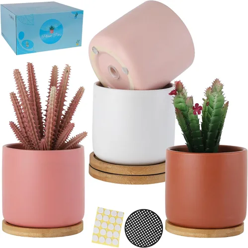 Miniatura 8 de Macetas de cerámica de 4 pulgadas con agujeros de drenaje, adorable maceta con bandeja para plantas de interior, suculentas, plantas de serpiente