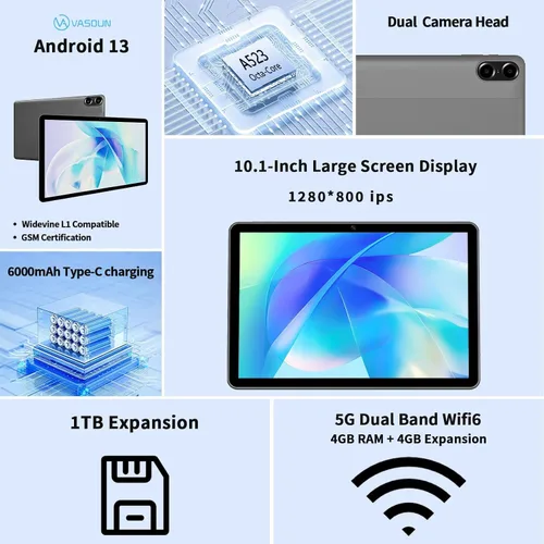Miniatura 3 de VASOUN Tablet Android 13 de 10 pulgadas, (expansión de 4+4 GB) RAM 64 GB de almacenamiento 2 en 1 tabletas con WiFi 2.4/5G, BT 5.0, funda de cuero