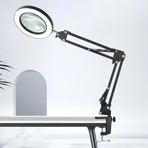 HITTI Lupa de Aumento 10X con Luz y Soporte, Atenuación Continua 3 Modos de Color Lupa LED Iluminada, Lámpara de Escritorio Manos Libres con