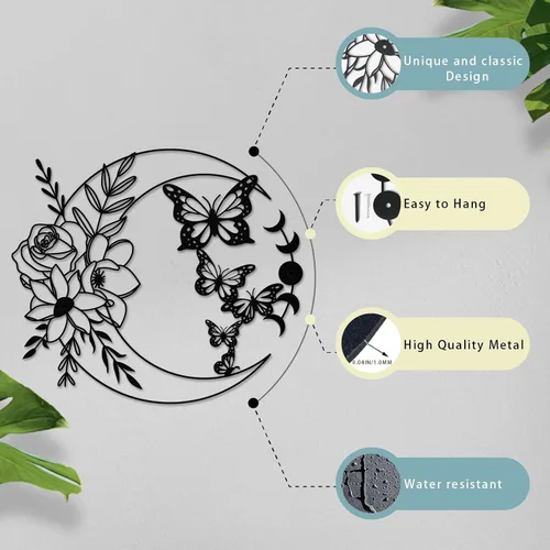Miniatura 3 de ruelen Decoración de pared de metal con diseño de mariposa y luna, arte de pared bohemio floral para colgar en la pared en el hogar