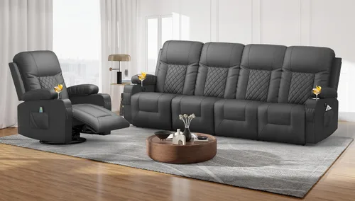 Miniatura 16 de FURNIMAT Sofá reclinable, sofá reclinable doble de 3 asientos, sofá biplaza de piel sintética, moderna silla reclinable para sala de estar, con Negro