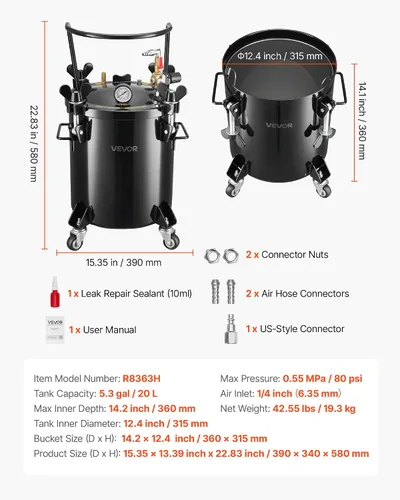 Miniatura 7 de VEVOR Tanque de pintura a presión, 5.3 galones/20 L, olla de presión de acero resistente para herramientas de aire, ollas de presión de pintura