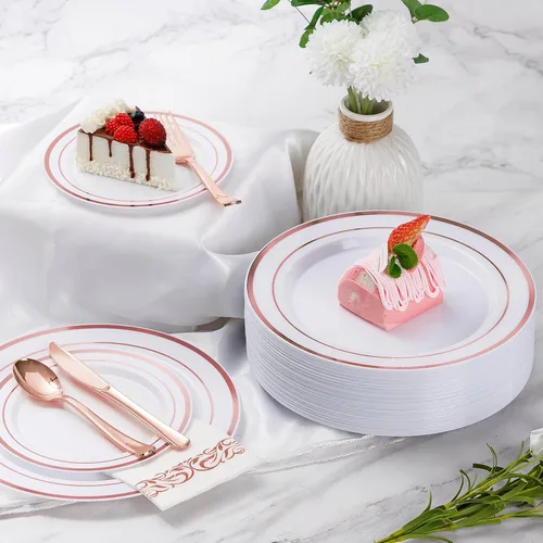 Miniatura 5 de Goodluck Juego de vajilla de oro rosa de 700 piezas para 100 invitados, platos de plástico desechables para fiestas, incluye: 100 platos para cena