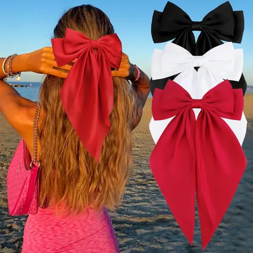 Miniatura 33 de Velscrun Lazos para el cabello para mujeres y niñas, 3 unidades, lazo blanco, lazo negro, azul marino, lazos grandes para el cabello con clip, lazos